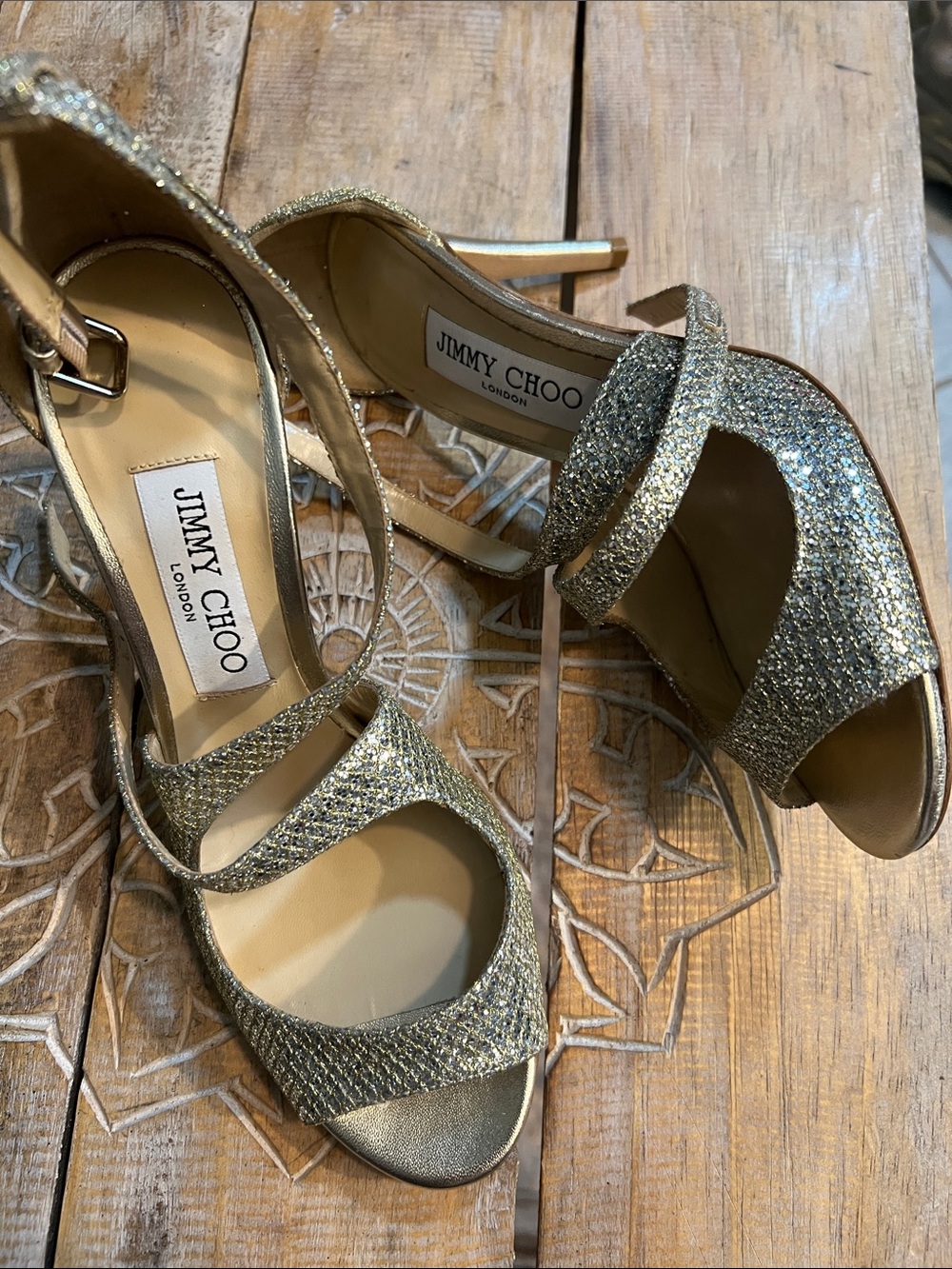 Jimmy Choo - Champagne Gold Glitter Open Toe Pumps Sz 37.5 Heel Sandals